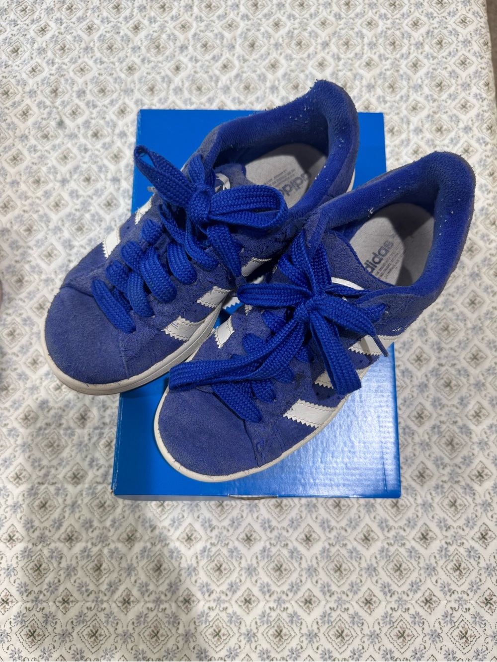adidas Kids Royal Blue Suede Sneakers with White Stripes
